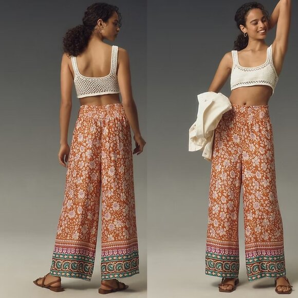 Anthropologie The Saria Smocked Wide-Leg Pants by Maeve new XL nwt orange - Picture 1 of 5